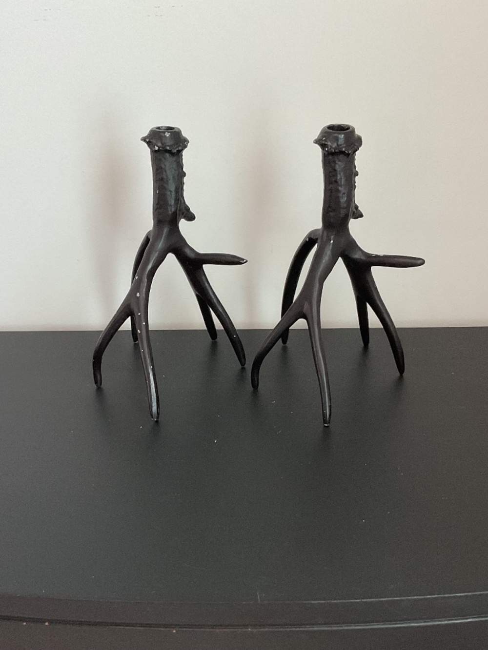 Pottery Barn Set of 2 Faux Antler Taper Candle Holders Black Metal Rustic Cabin